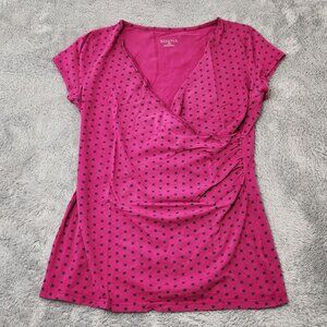 Merona Short Sleeve Top Womens‎ S/P Pink Wrap-Style Black Print Stretch Shirt